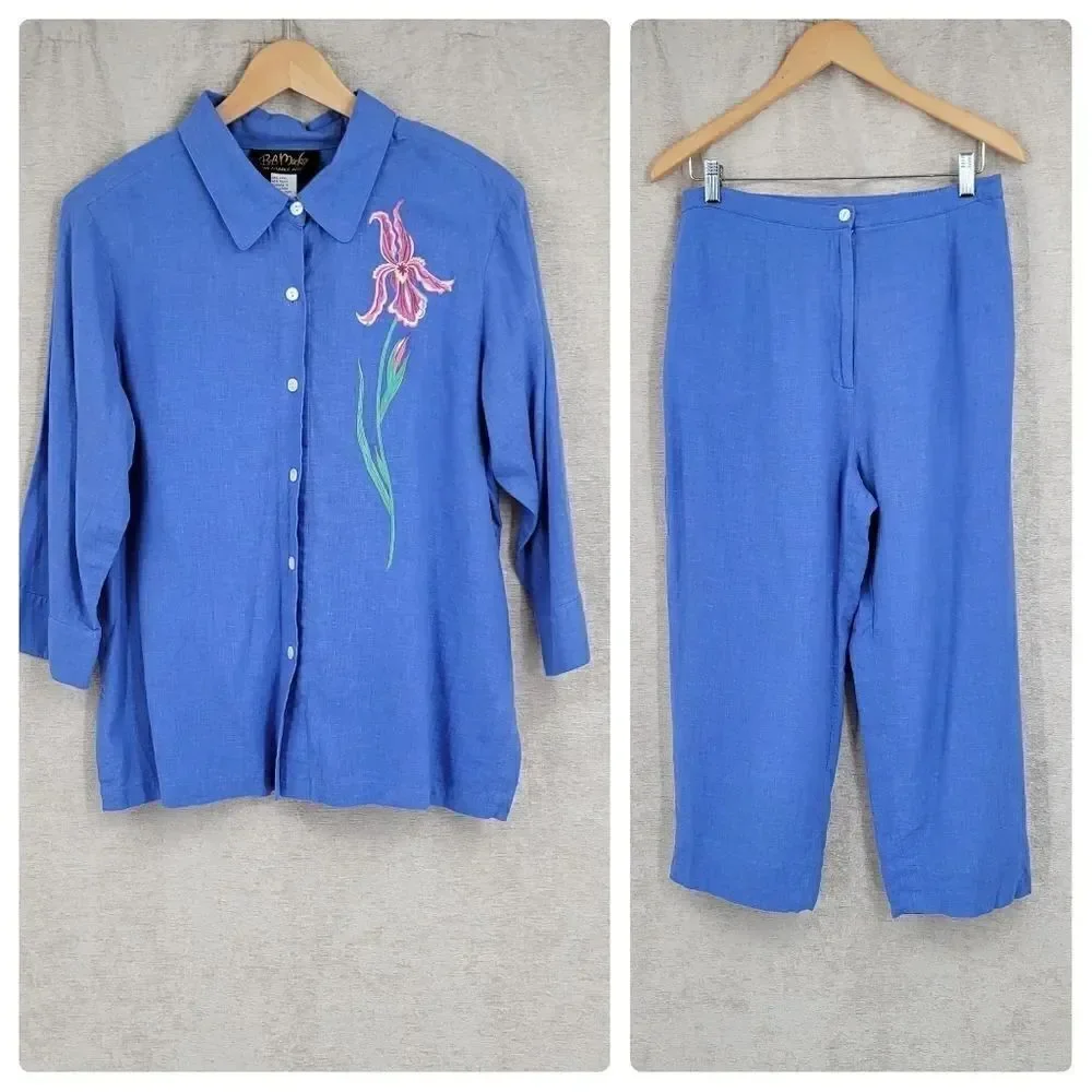 Bob Mackie Linen Blend Vintage Blue Embroidered Top and Matching Cropped Pants